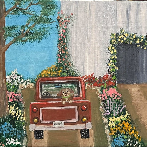Handmade Other - Charming Red Truck Home Art Painting